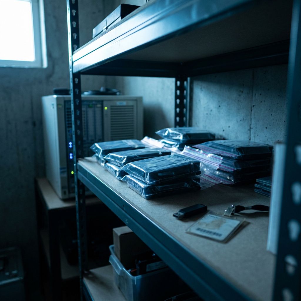 Operationshylde med forseglede data‑pakker og en lille USB som pipeline‑evidens; koldt lys, cyan accenter.
