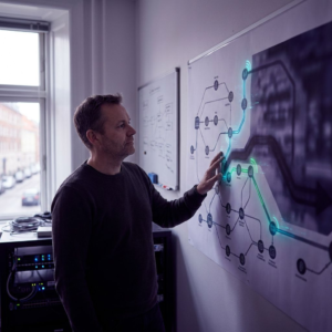 Teknisk/produktleder i et lille dansk rum peger mod et vægkort med to‑tre markerede modelruter; baggrunden er sløret og i indigo for at antyde uafklarede tests og kontraktrisici.