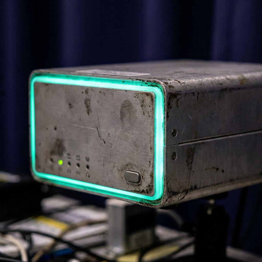 Makro af en blinkende budget‑alarmlampe med cyan/green accent, symbol på økonomisk guardrail.