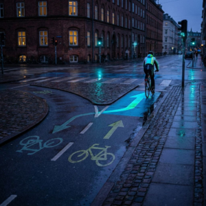 Cykelbaner i København der samler sig til én prioriteret bane i skumring, en pendler tøver et øjeblik ved sammenløbet på våd asfalt med cyan/grønne reflekser