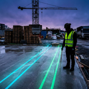 Entreprenør i refleksvest på nordisk byggeplads, cyan og grøn markerede ruter på beton viser organiseret workflow; indigo skygger og subtile data‑pulser giver billedet et analytisk, beslutningsorienteret udtryk.