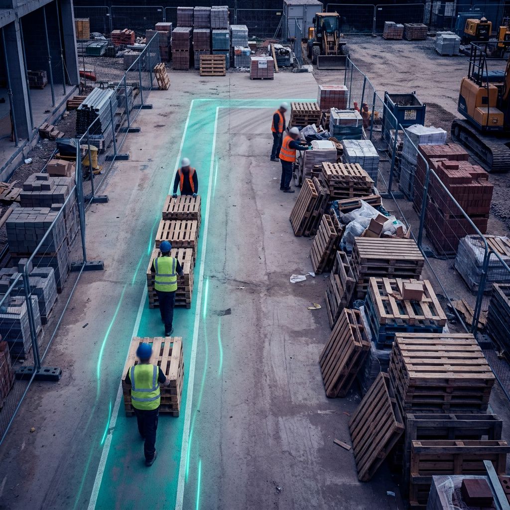 Logistikzone på byggeplads med arbejdere flytter paller langs cyan/grøn markering; sceneri viser forbedret flow og kortere køer.