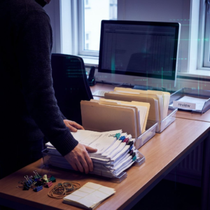 Økonomimedarbejder ved bakker med fakturaer i et lille kontor; kø af bakker mod en review‑bakke, nordisk lys, indigo/cyan tone.