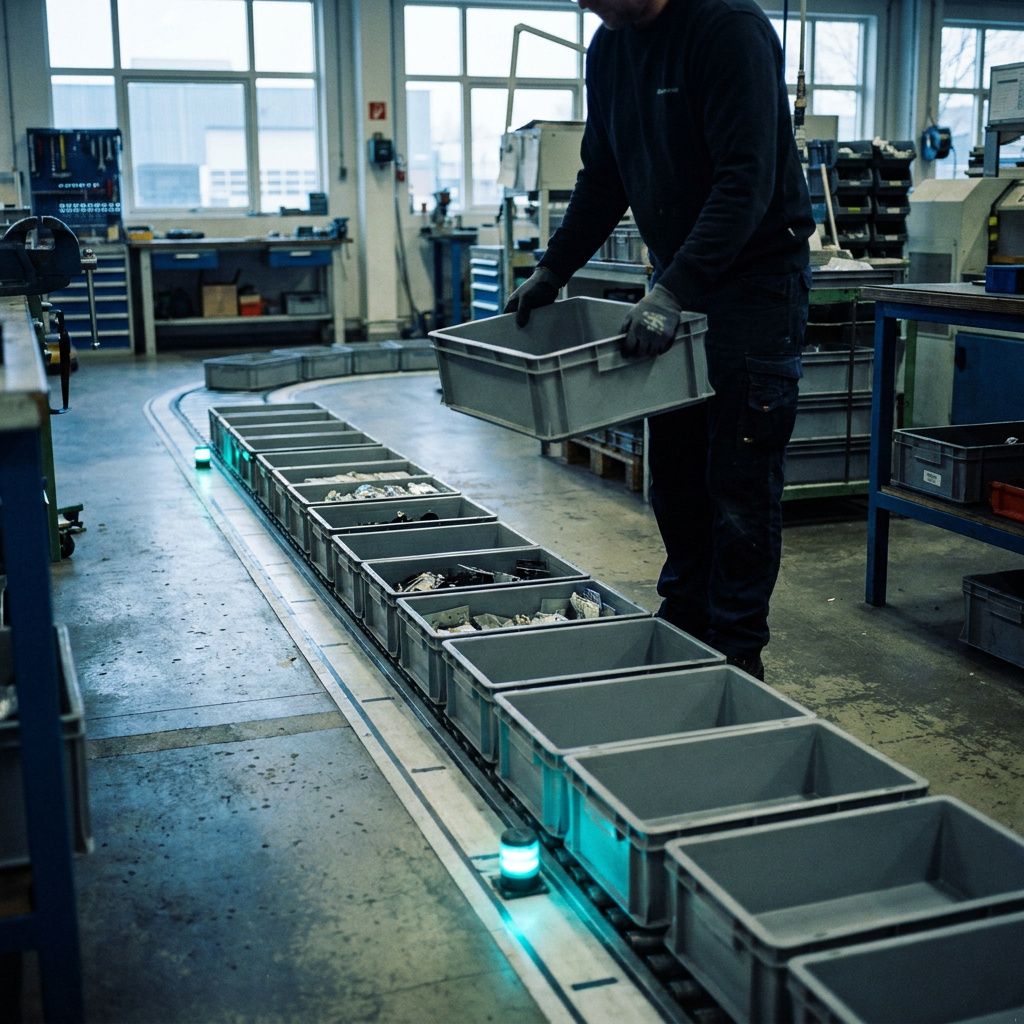 Operationsgulv med kø af plastbakker mod et review‑vindue; medarbejder løfter en bakke, nordisk indigo/cyan tone.