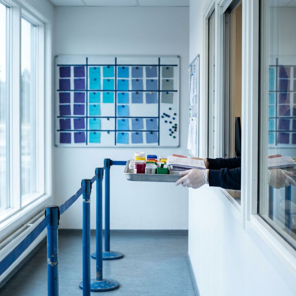 Operationsgulv med kø af plastbakker mod et review‑vindue; medarbejder løfter en bakke, nordisk indigo/cyan tone.