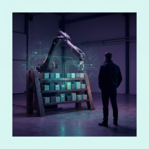 Nordisk testlokale: en pause i en robotopgave ved et lille modulrack og en anonym operationsleder, indigo og cyan lys, symbol på beslutningen om at tage sim‑skills i drift.