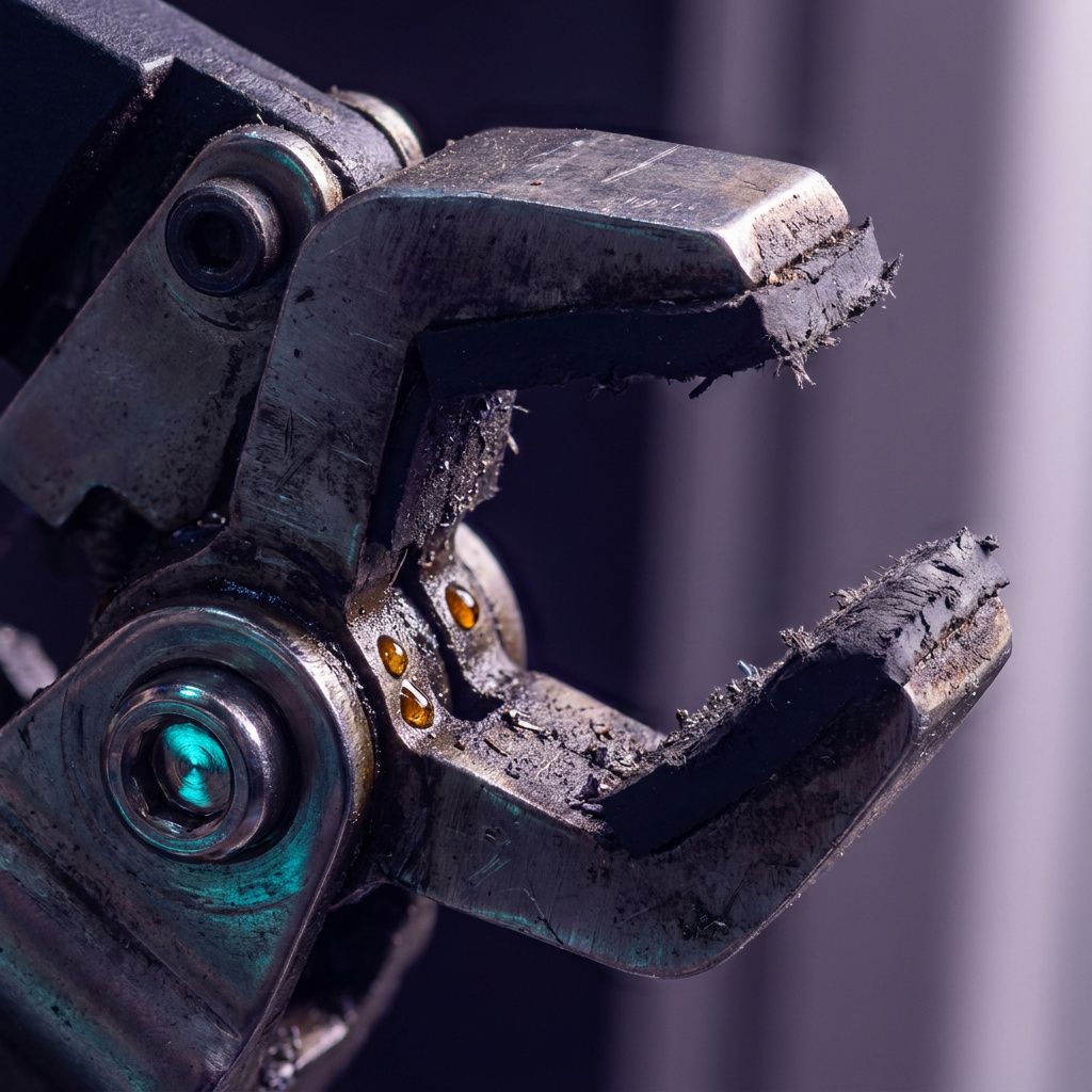Makro af robotgriber med rifter og cyanrefleks, viser taktilt spor fra en fejlet eksekvering.