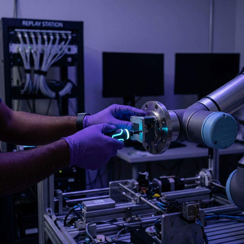 Hænder monterer en bevægelsesprimitive på robotens flange i et testlaboratorium, cyan refleks, praktisk validering i gang.