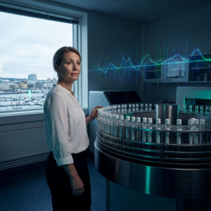 Laboratorieleder i profil ved en automatisk sample‑karussel; nordisk lys, indigo skygger og cyan accenter, subtil data‑pulse i luften — beslutningsøjeblik før tung compute.