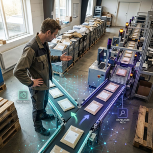 Operationsleder i et dansk baglokale peger mod to gulvbaner med dokumentpakker — en hurtig bane og en inspektionsbane — nordisk lys, dyb indigo og cyan accenter, subtile data‑pulser.