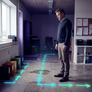 Dansk SME‑leder ser på en markeret gulvsti i et modtage-/dispatchområde; cyan/grønne markører viser et synligt flow — metafor for sekventiel, værktøjsdrevet retrieval. Dybe purpur- og indigo-toner med cyan accenter.
