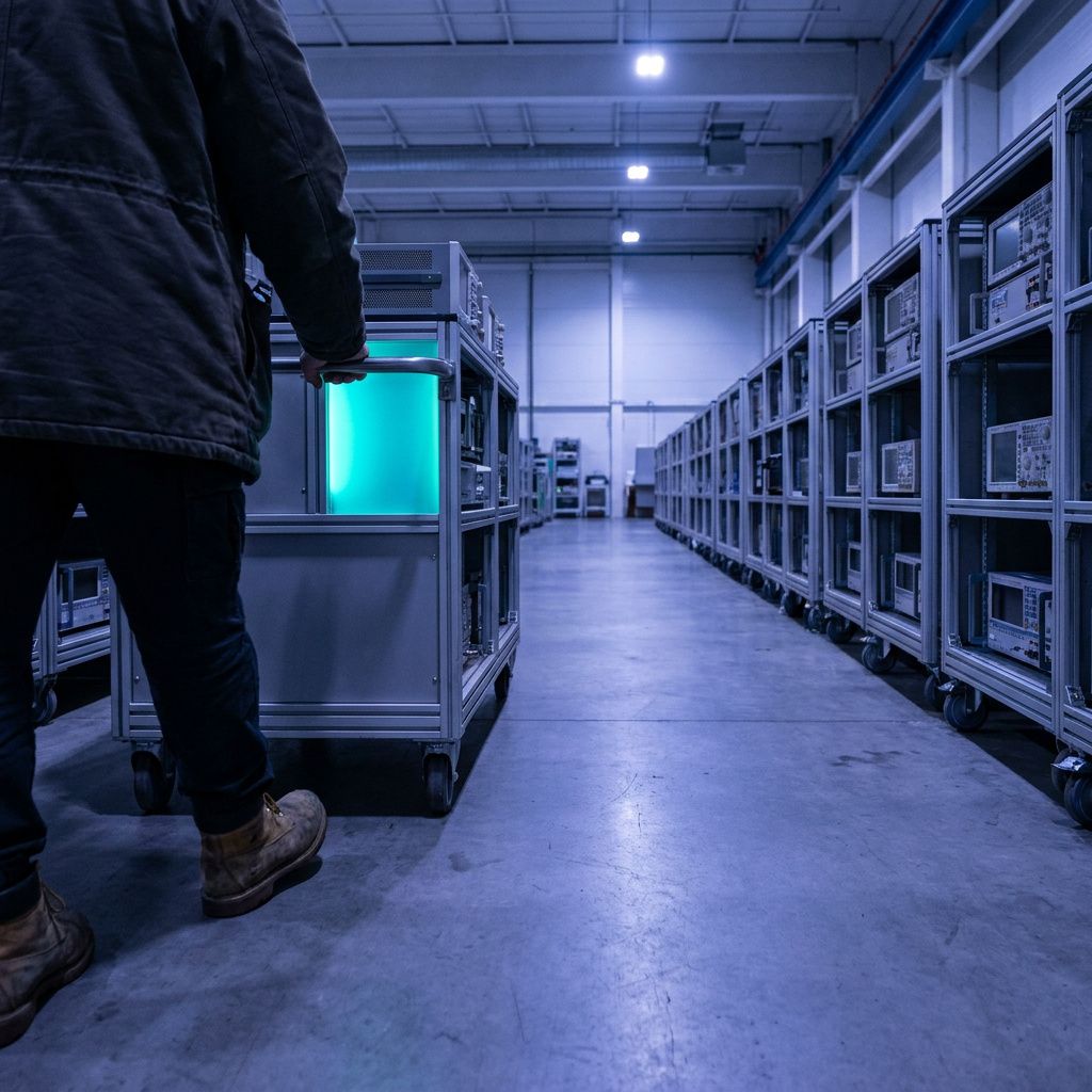 Teknikere skubber test‑vogne i et laboratoriegulv; vognene er visuelt forbundet af farvekodede tråde, én vogn fremhævet i cyan/grøn.