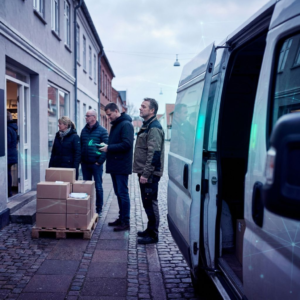 Dansk SMV‑ejer ved åben varebil, i profil, med en kort kø af kunder i baggrunden; nordisk dagslys tonet i indigo med cyan/grønne accenter, beslutsomt øjeblik der antyder driftspres og valg.