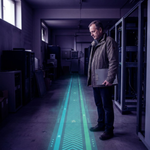 Teknisk leder står ved starten af en cyan/green markeret operationsrute i et mørkt nordisk operationsrum; dybe indigo‑skygger og diskrete datapuls‑lys følger ruten — beslutningsøjeblik om lokal drift og nøglehåndtering.