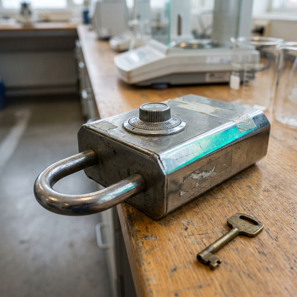 Makro af en robust, låsbar nøglekasse med cyan/green refleks på en operationsbænk, antyder nøgle‑ og secrets‑ansvar ved lokal drift.