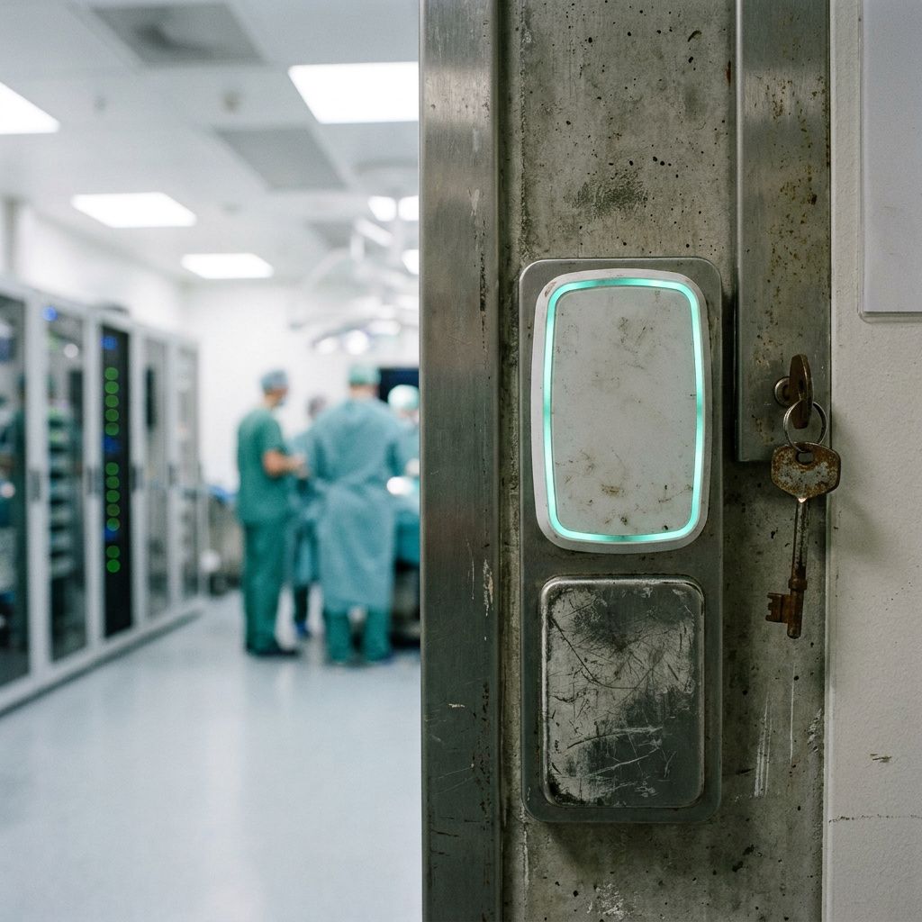 Makro af en robust, låsbar nøglekasse med cyan/green refleks på en operationsbænk, antyder nøgle‑ og secrets‑ansvar ved lokal drift.