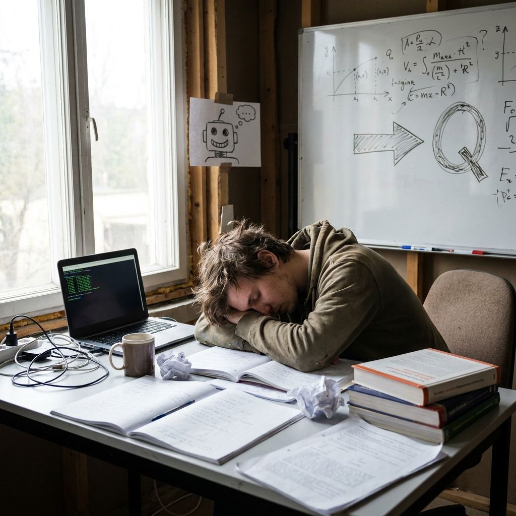 To farvede skinnespor samler sig til ét på en våd nordisk gade en aften uden skiltning.