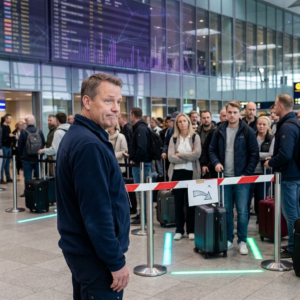 Danish operationsleder ved en kundekø i en rejsekontekst, med en fysisk stop-barriere i forgrunden og dybe indigo/cyan farvetoner — et beslutningsøjeblik om udrulning versus kontrol.