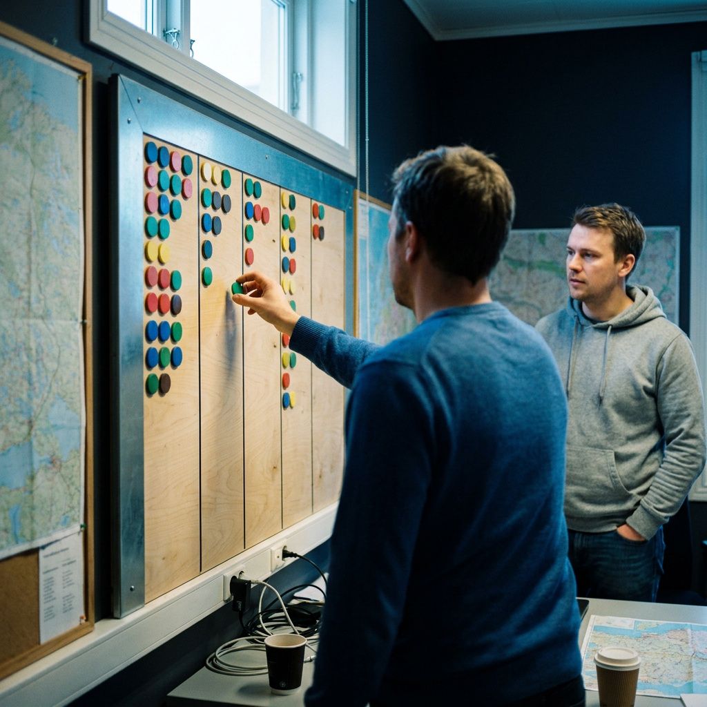 Et operations-øjeblik: en supportleder flytter et farvet magnetmærke på en kanban-panel i et servicekontor, indigo/cyan lys, ingen læsbar tekst.