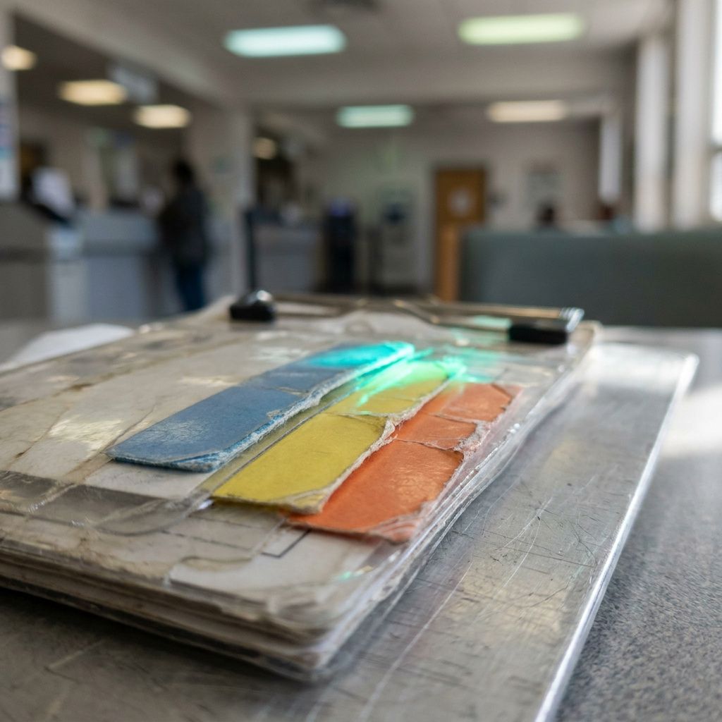 Tæt makrobillede af en laminat 'release-gate' token med slidte faner og cyan/green refleks, sløret servicehall i baggrunden.