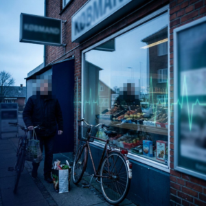 Reception i en lille klinik hvor enkelte ansigter og et vinduesrefleks er diskret pixel‑sløret; deep purple/indigo mood med cyan/green accenter, som kommentar til automatisk PII‑redaction og compliance‑beslutninger.