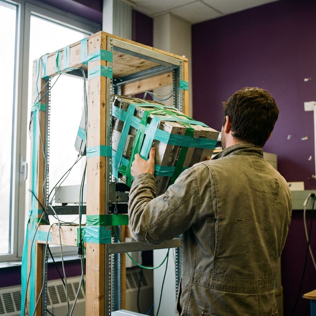 Processfoto af en tekniker som justerer et testrig‑modul i et lille researchlokale — et øjeblik af hands-on drift under benchmark‑kørsel.