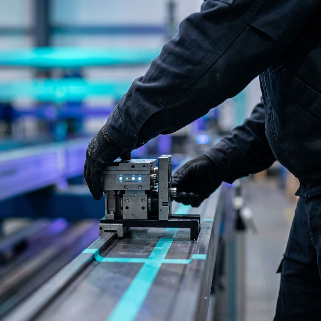 Makro af cyan/grøn tape og slidte arbejdsredskaber der markerer routing‑baner, med indigo skygger og cyan data‑glød.