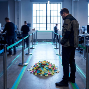 Nordisk incidentrum set gennem glas; en teknisk leder i arbejdsvest står i forgrunden med badge ved en hylde, inde i rummet cyan/grøn købane og teknikere i baggrunden — dyb lilla/indigo stemning med cyan highlights.