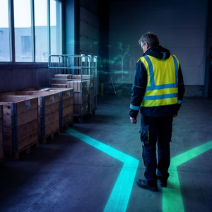 Nordisk dispatch‑scene: to malede baner deler sig, driftsleder med ryggen til vurderer valg, ventende vogn og pakker i baggrunden; indigo/cyan tone med subtil data‑pulse effekt.