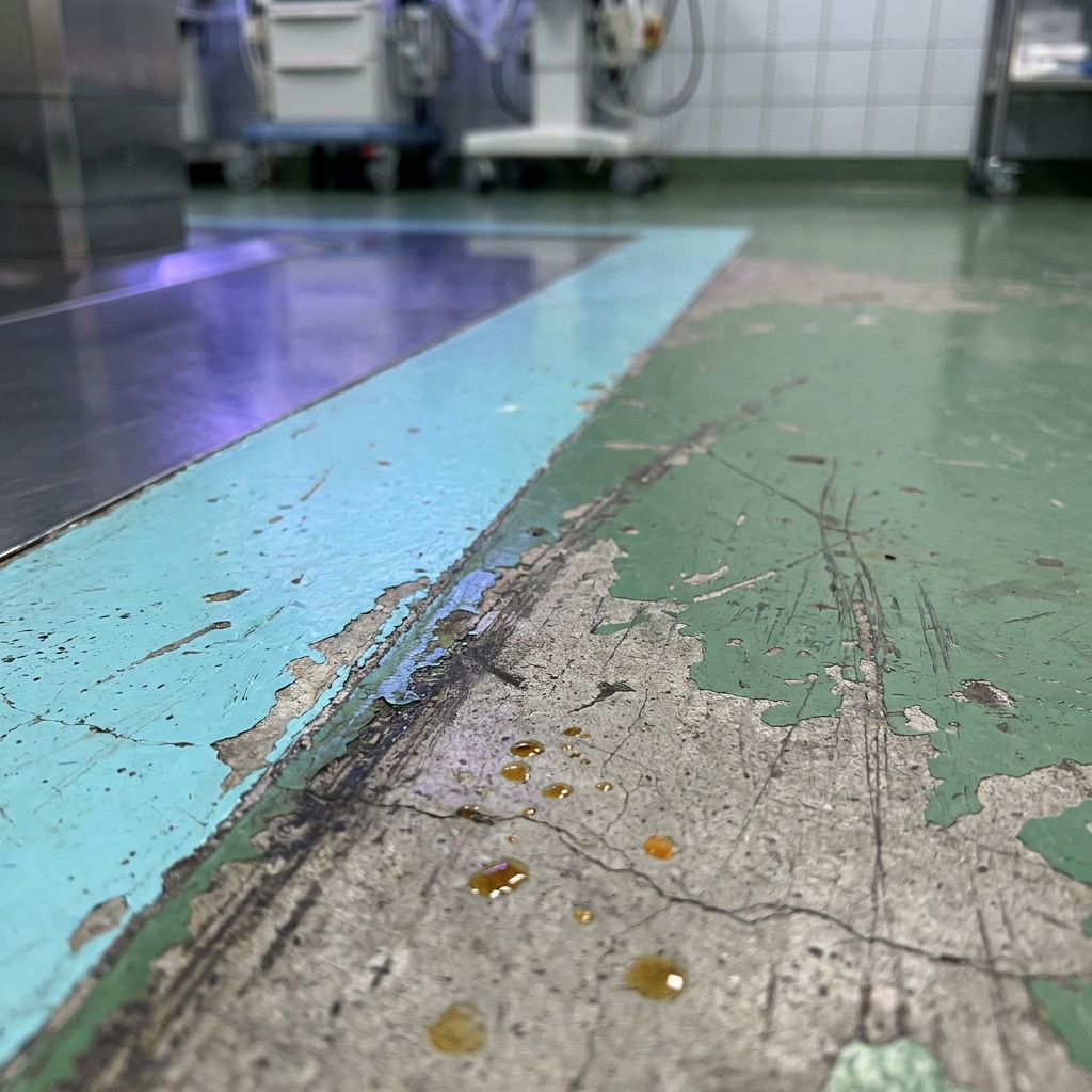 Makro af cyan/green gulvmarkering i operationsrum, slitage og tekstur, indigo lys.