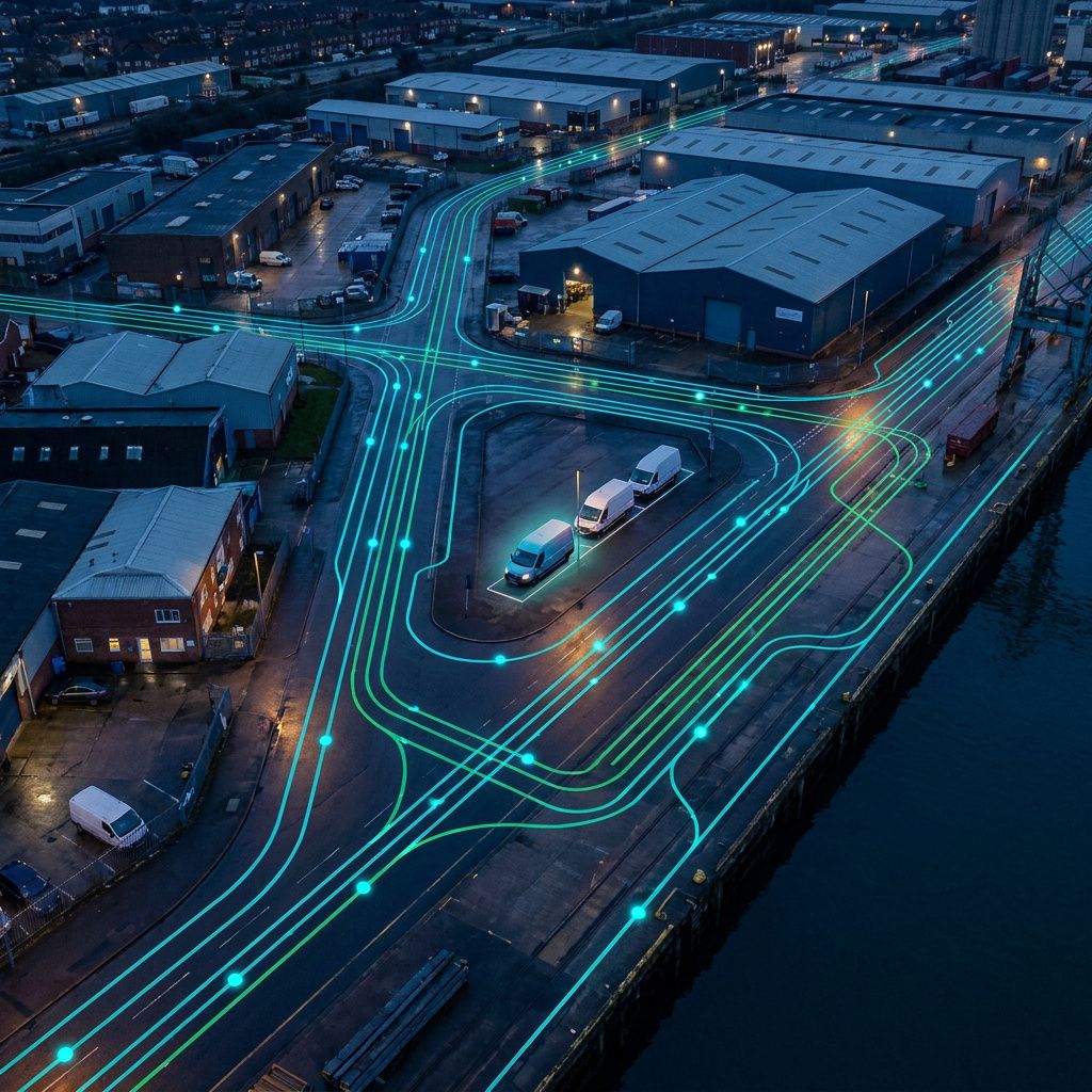 Luftfoto‑stil systems‑map over et industrikvarter med cyan/green farvede ruter og en varevognskø, indigo lys.