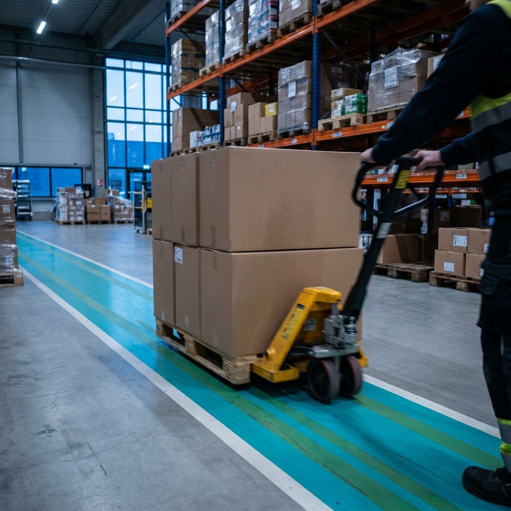 Tekniker trækker pallevogn langs cyan/green markeret bane i distributionscenter, motion blur, indigo lys.