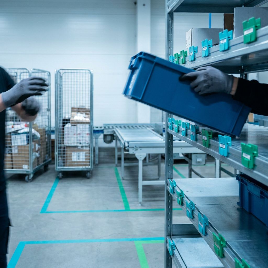 Hænder flytter en blå plastkasse over på en smal hylde i et lille varehus, med transportbane og rullebure i baggrunden, cyan og grønne markeringer antyder sampling-rytme