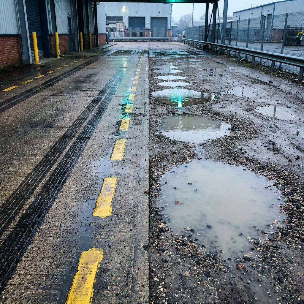 Luftigt kvadratisk blik over et lille industrikvarter, én rute ser fri ud og en anden delvist blokeret, med cyan/grønne refleksmarkeringer i skumringslys