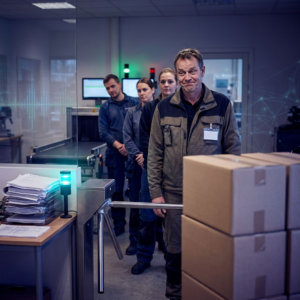 En dansk driftsleder står ved en delvist lukket checkpoint i en servicehal; en palle og ventende medarbejdere bag porten viser en stoppet workflow, dybe indigo‑skygger og cyan/green accenter giver et nordisk, alvorligt tonefald.