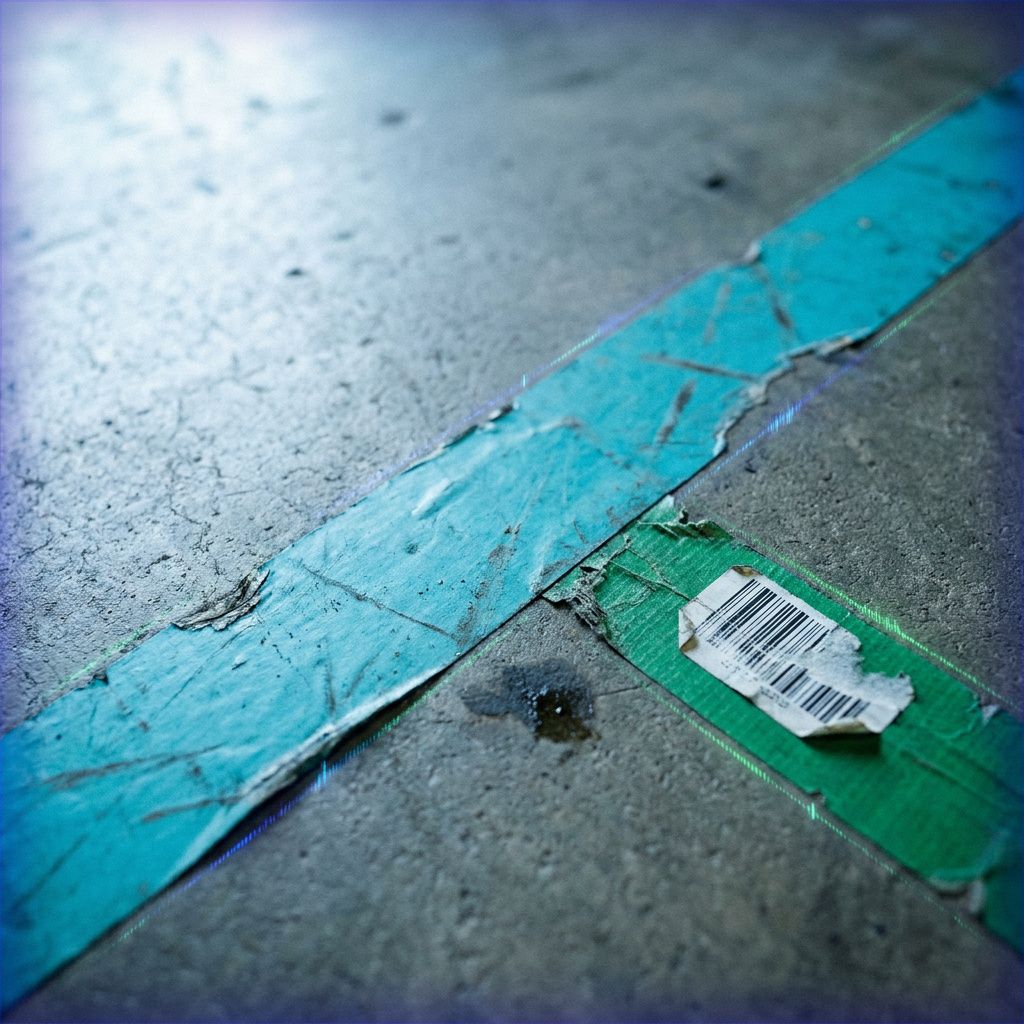 Dokumentarisk detalje af slidt gulvmarkering hvor cyan og grøn tape mødes; symboliserer routing og opgaveklassifikation i drift.