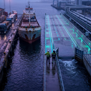 Nordisk havneblik: en proppet kajarm ved siden af en nyligt åbnet kanal, cyan/green signalstriber og to arbejdere på afstand — metafor for at dele en trængt rute og genoprette flow.