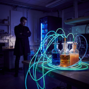 Nordisk laboratorium: tre prøverør med farvede kapsler forbundet af farvede tråde som et synligt netværk; en teknisk leder ser på scenen i svagt lys. Indigo/lilla skygger med cyan/grøn signalaccents.