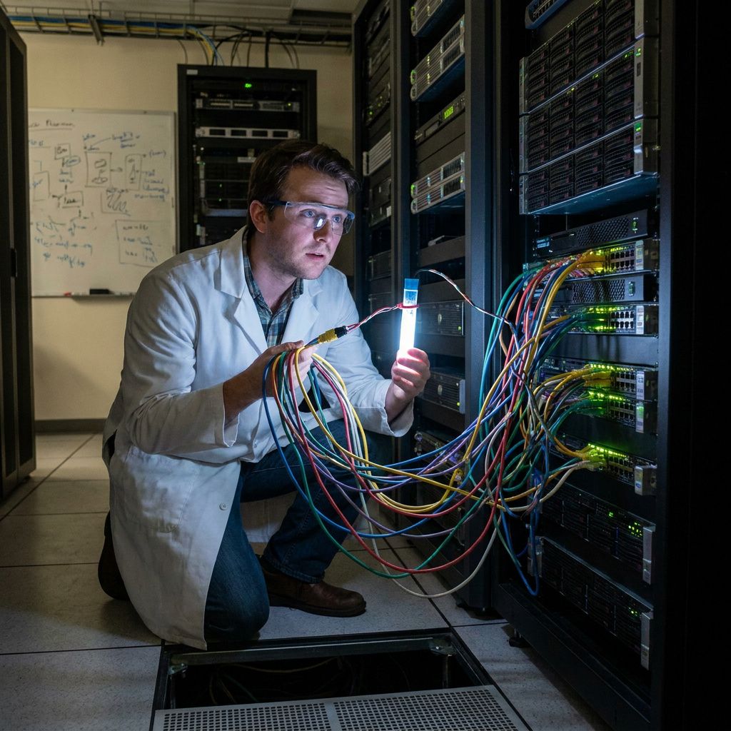 Nærbillede af handske og microtube med cyan kapsel, kondensdråber og en grøn tråd der løber ud af billedet; dokumentarisk laboratoriedetalje.