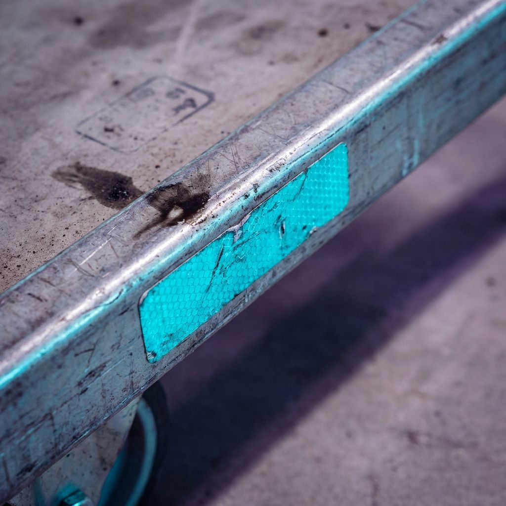 Makro af slidt cyan refleksmærke på trolleyhjul, olieplet og skrammer — dokumentarisk detalje der antyder opsamlede opgaver.