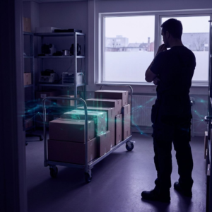En kort vogn med ventende pakker i et nordisk operationsrum; en pakke er fremhævet af cyan‑grøn pulsering mens en leder i profil overvejer en beslutning.
