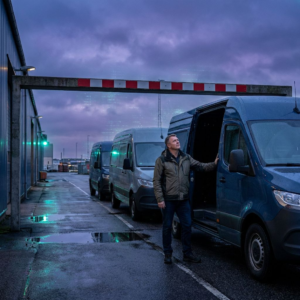 Nordisk havnegade i skumring: tre varevogne standsede under en lav clearance‑bøjle, en operationsleder ser op mod barrieren; indigo/purpur stemning med cyan signalreflekser.