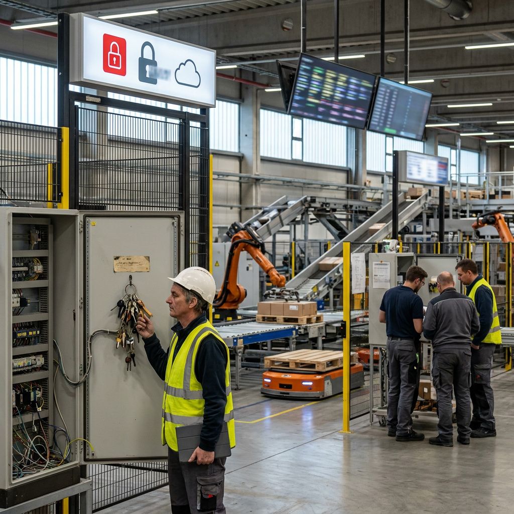 Operationsgulv i en SMV med en rutevogn hvor en sektion er sat i hold; tekniker i baggrunden, indigo/cyan stemning.