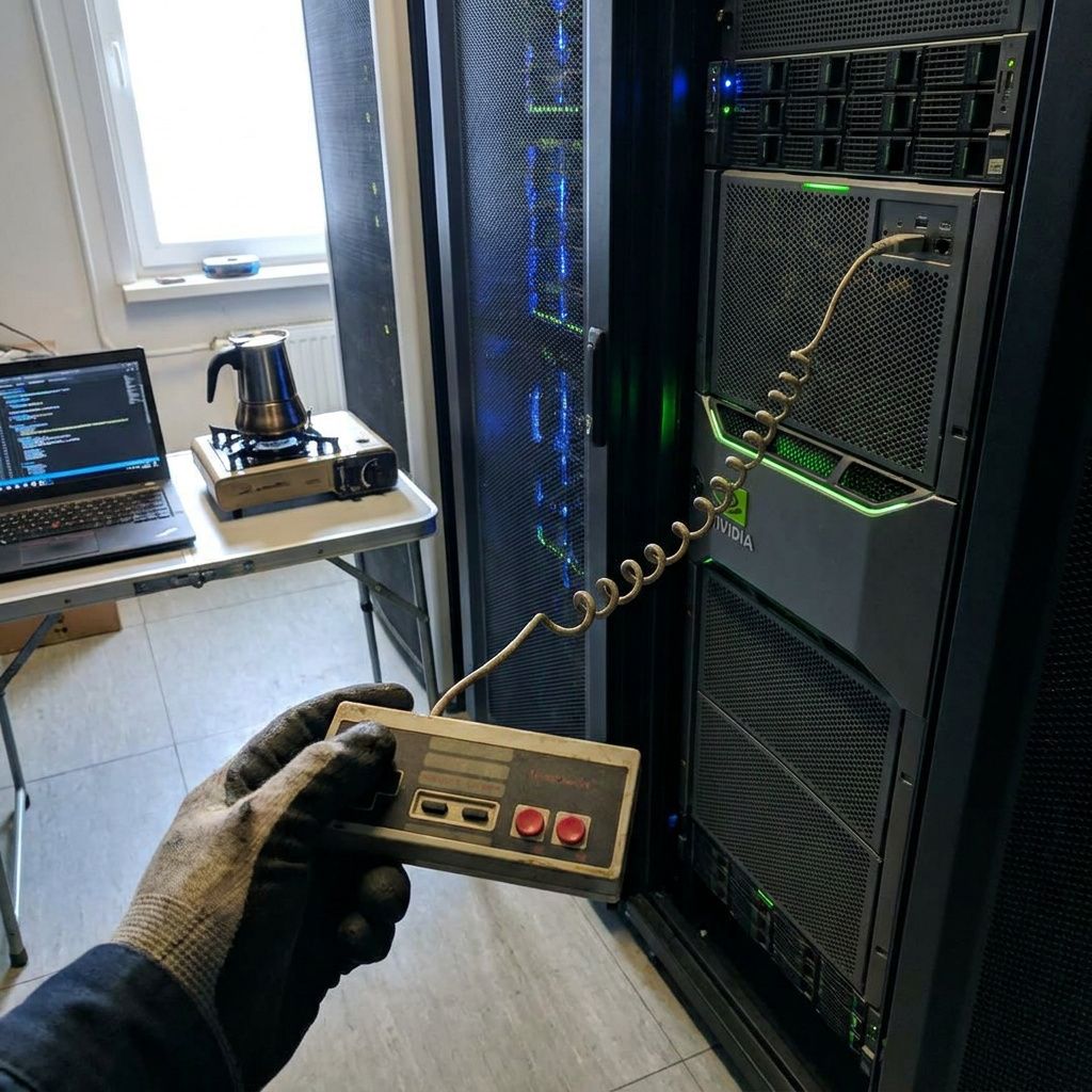 Tekniker trækker en robust testkasse ind i garageporten langs en markeret rute — et procesøjeblik fra pilotopsætning.