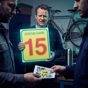 Dansk SMV‑leder i operationszone konfronteret med et sløret statuskort; symbolsk revisionsbrik synlig, indigo/cyan belysning, beslutsom og bekymret stemning.