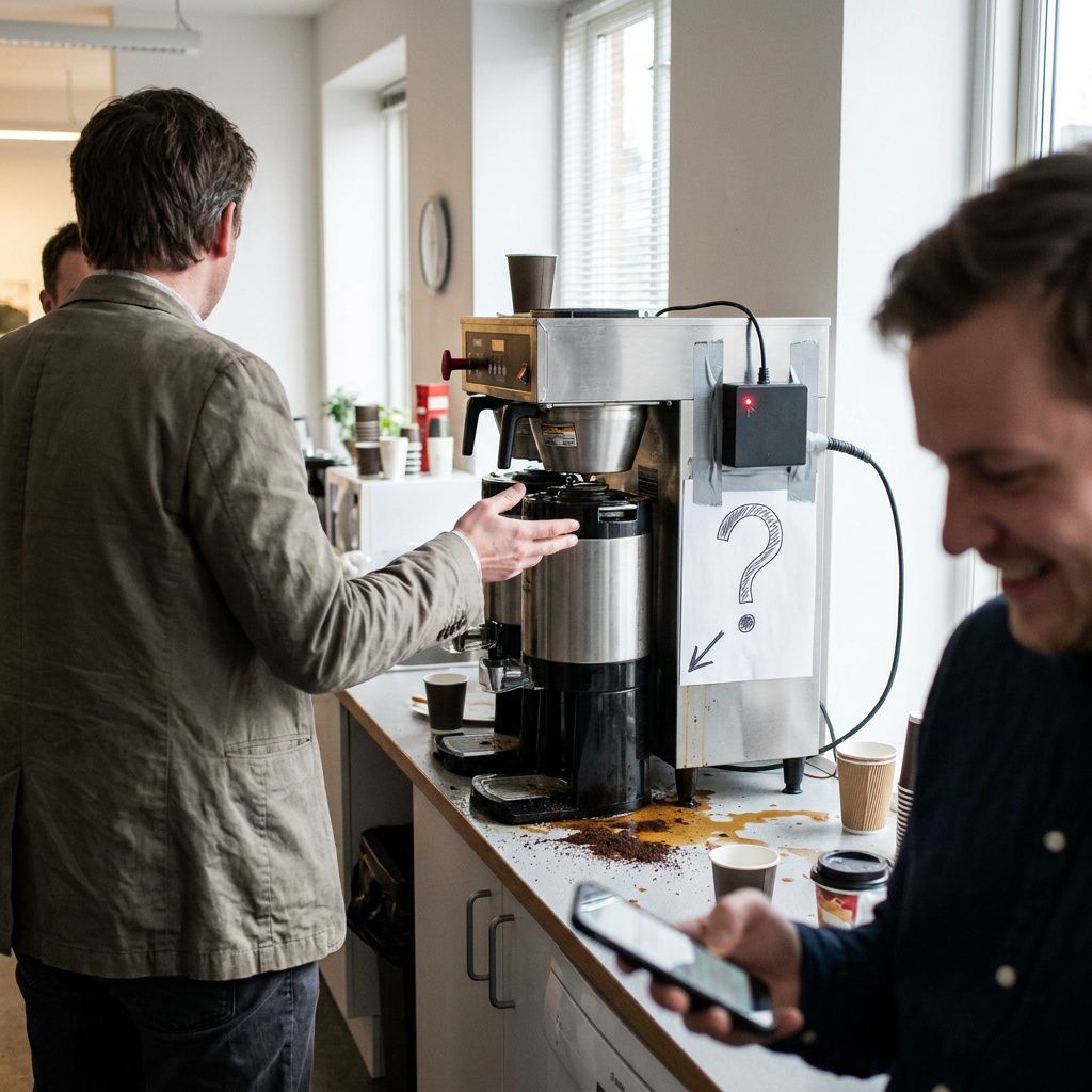 Serviceleder med sløret statusplanch ved kundedisken, indigo og cyan belysning, kunde‑kø i baggrunden.