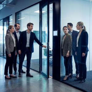 To små teams mødes i døråbningen til et glas‑møderum i et nordisk kontor, begge tror de har booket rummet – et jordnært billede på agentiske fejl og manglende sign‑off