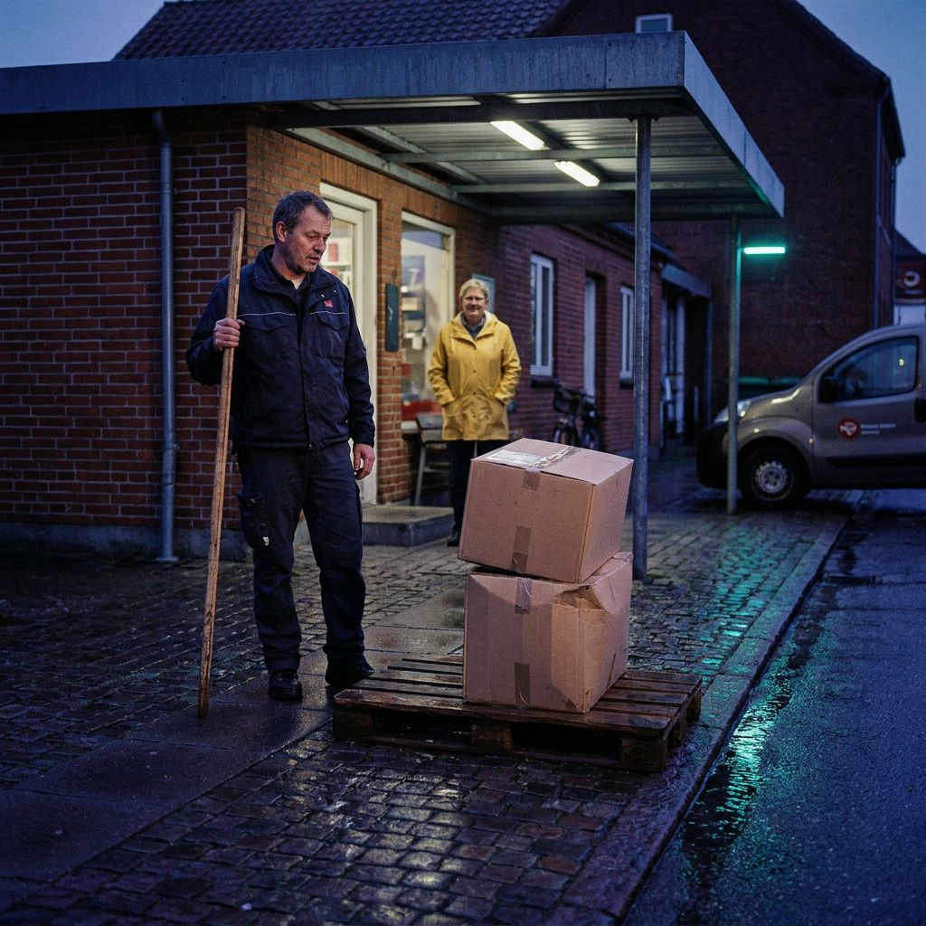 Leveringsplads ved en lille butik med forkert stablede pakker og en bekymret medarbejder — konkret konsekvens af fejlrouting.