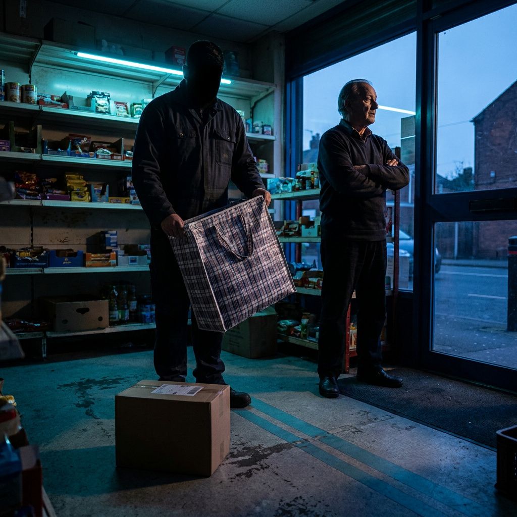 Butiksekspedition ved lukketid med pakke på cyan/grå gulvmarkering, ejer og medarbejder i arbejde, nordisk skumringslys.