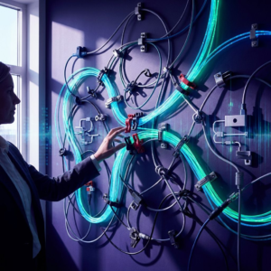 Operationsnært, kvadratisk foto: et systems‑kort med cyan/grønne ruter og clips i forgrunden, en økonomiansvarlig halvprofil i baggrunden; dyb indigo‑purpur stemning med subtile cyan pulser som signaler for data og observability.